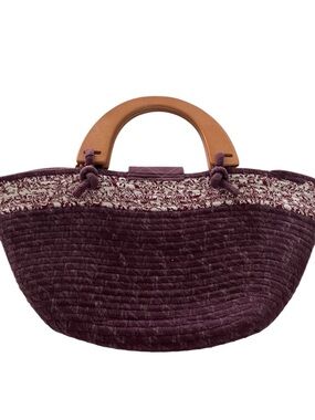 Plum Woven Tote Bag with Tan wooden handles handmade
